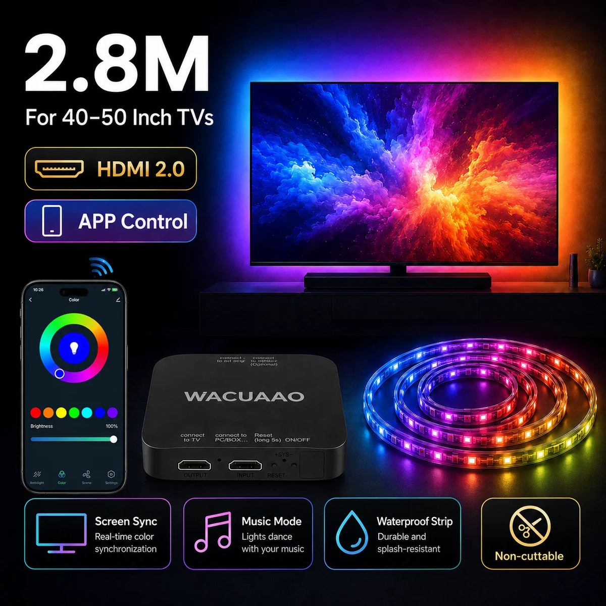 WACUAAO HDMI 2.1 TV Sync Box Backlight Kit for Immersive Home Theater 4K 120Hz RGBIC for 40-85 inch TV PS5 Xbox Dolby Vision