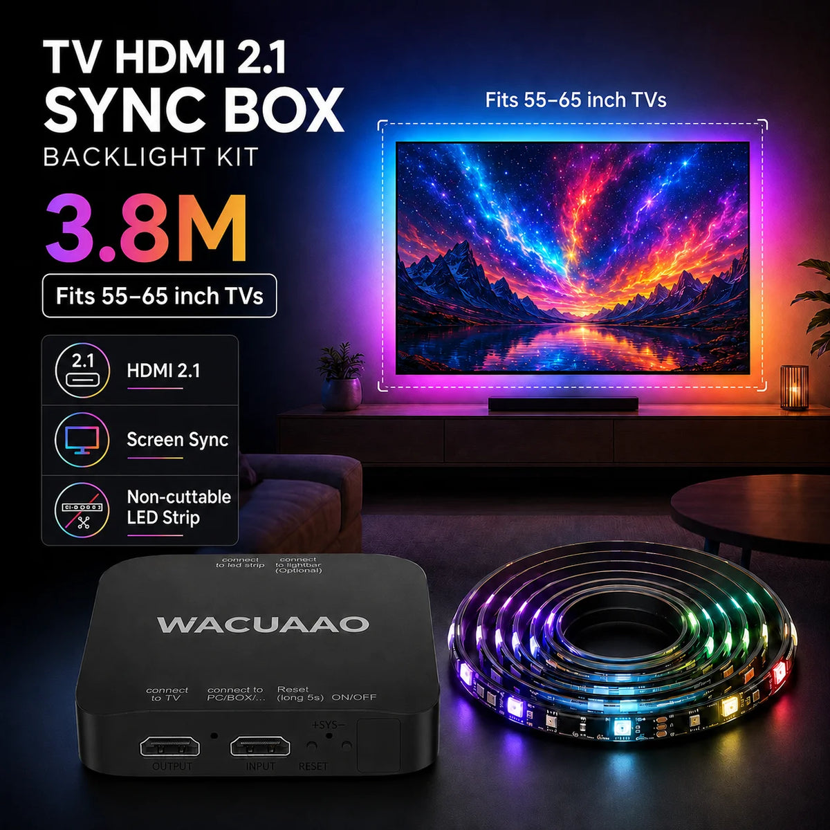 WACUAAO HDMI 2.1 TV Sync Box Backlight Kit for Immersive Home Theater 4K 120Hz RGBIC for 40-85 inch TV PS5 Xbox Dolby Vision