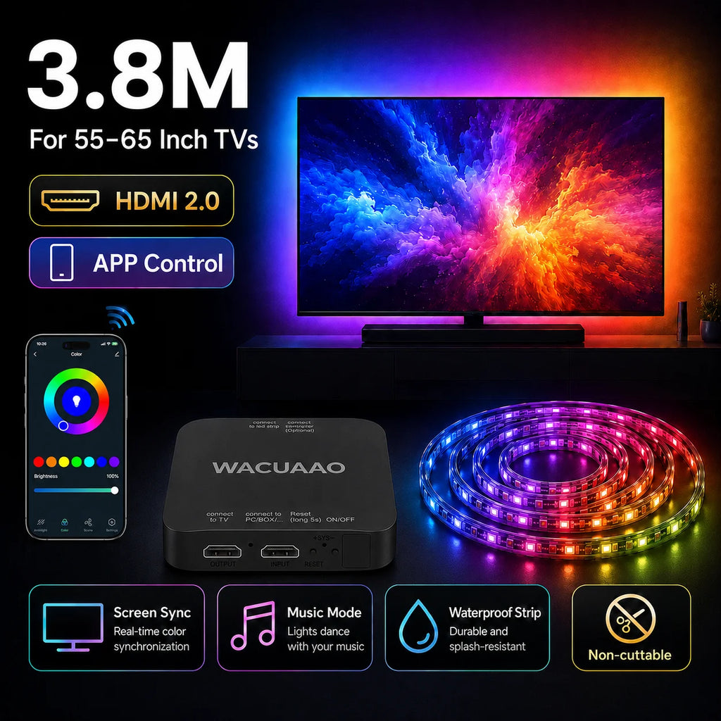 WACUAAO HDMI 2.1 TV Sync Box Backlight Kit for Immersive Home Theater 4K 120Hz RGBIC for 40-85 inch TV PS5 Xbox Dolby Vision