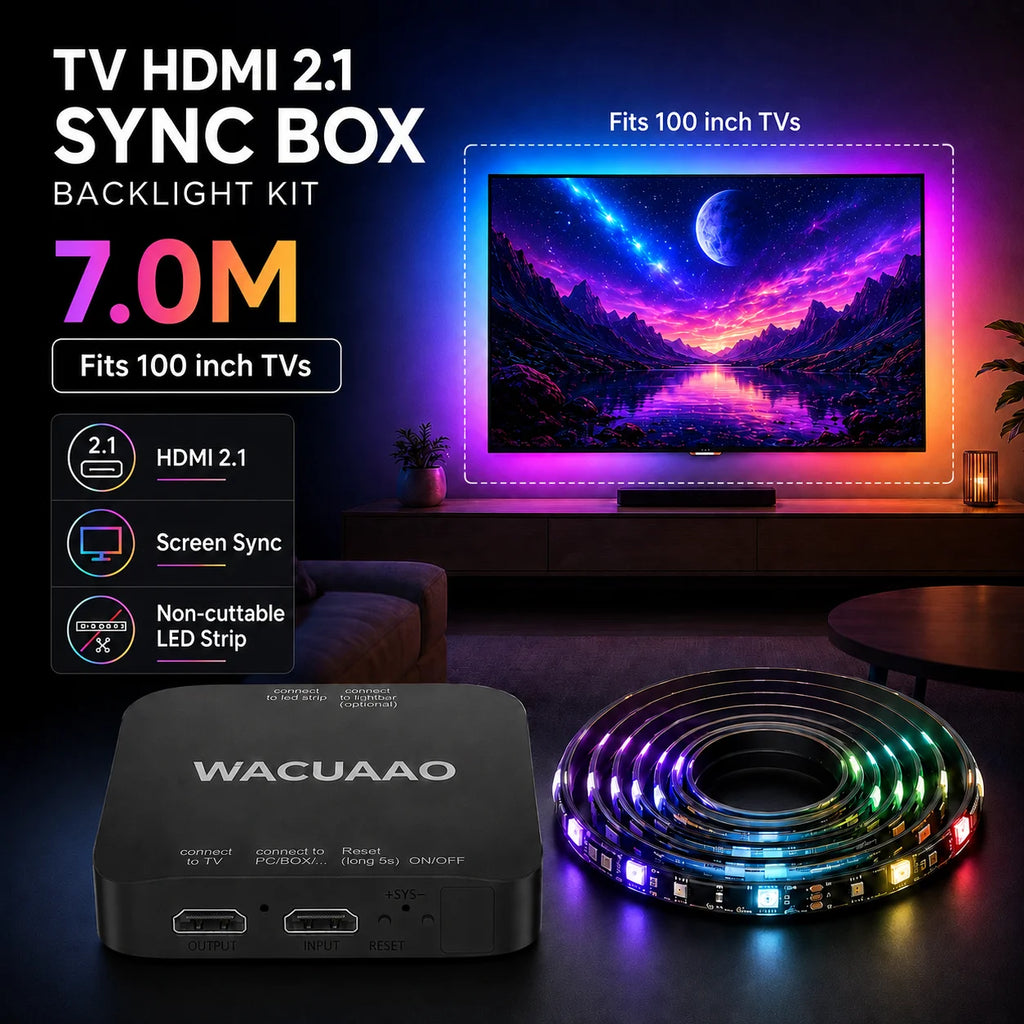 WACUAAO HDMI 2.1 TV Sync Box Backlight Kit for Immersive Home Theater 4K 120Hz RGBIC for 40-85 inch TV PS5 Xbox Dolby Vision
