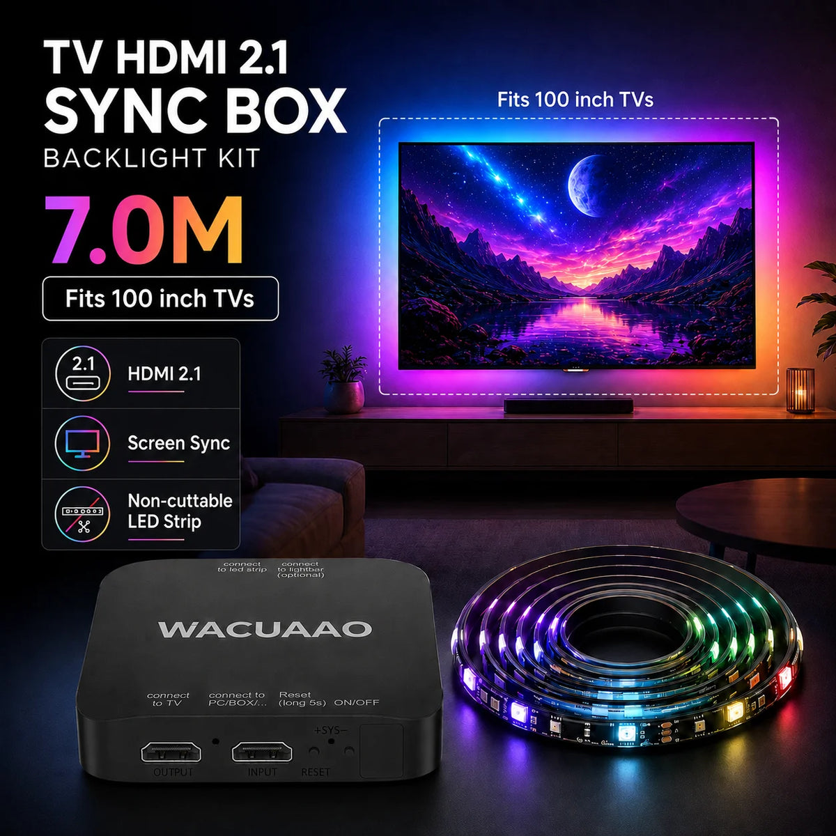WACUAAO HDMI 2.1 TV Sync Box Backlight Kit for Immersive Home Theater 4K 120Hz RGBIC for 40-85 inch TV PS5 Xbox Dolby Vision