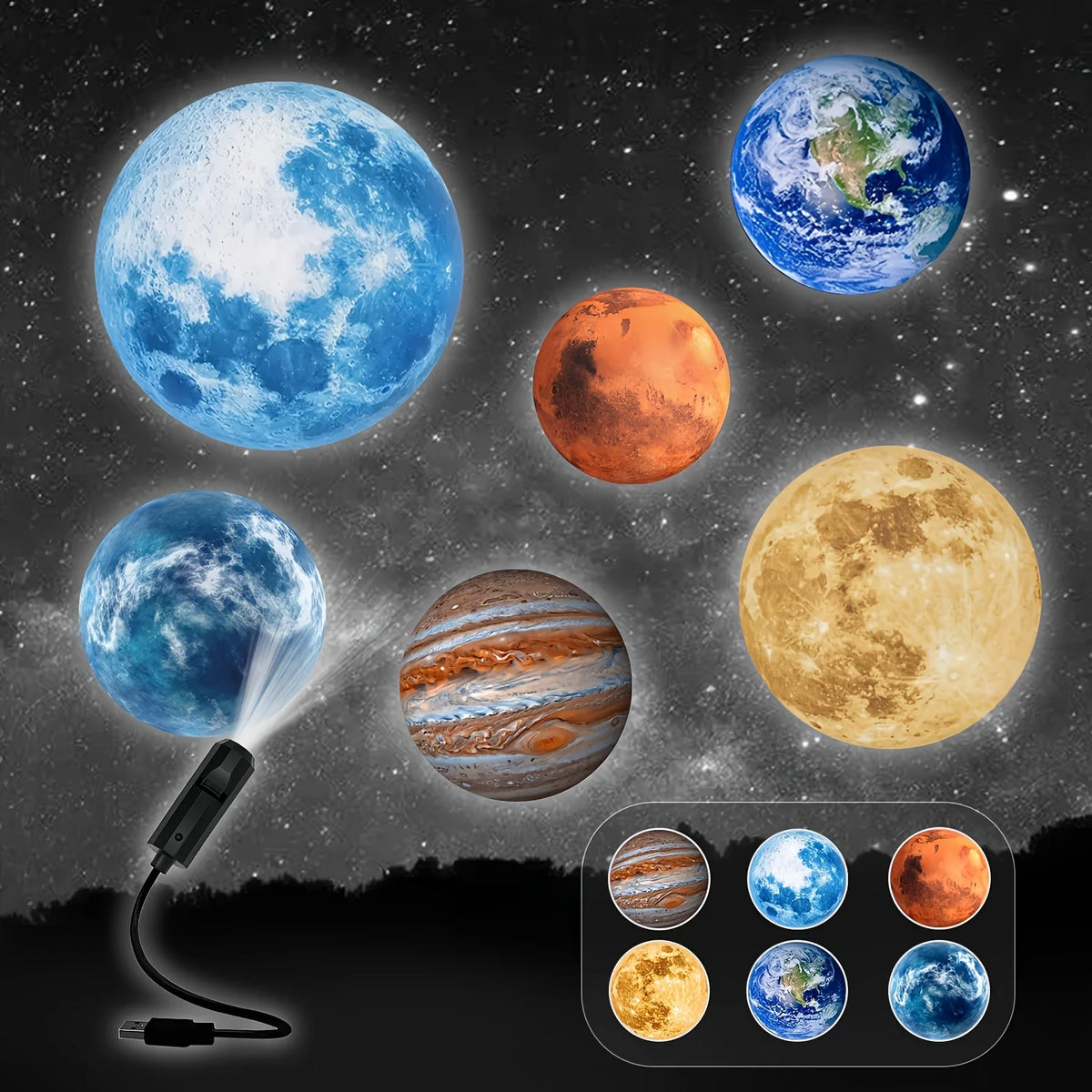 LED Planet Projector Lamp 1/3/6/10 Patterns Moon Light USB M