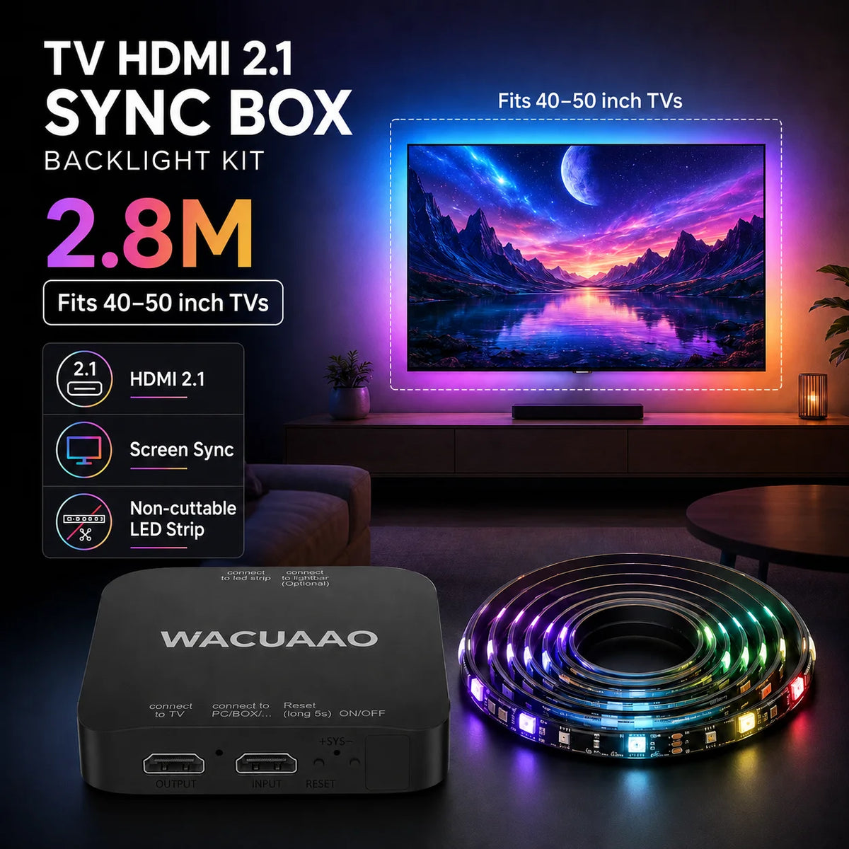 WACUAAO HDMI 2.1 TV Sync Box Backlight Kit for Immersive Home Theater 4K 120Hz RGBIC for 40-85 inch TV PS5 Xbox Dolby Vision