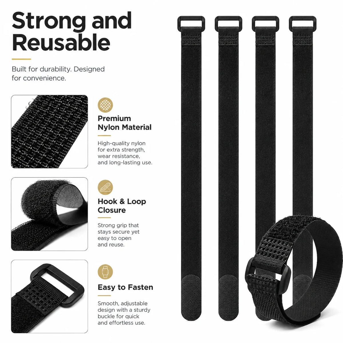 Hook and Loop Straps Reusable Organizer Black Nylon Fastener