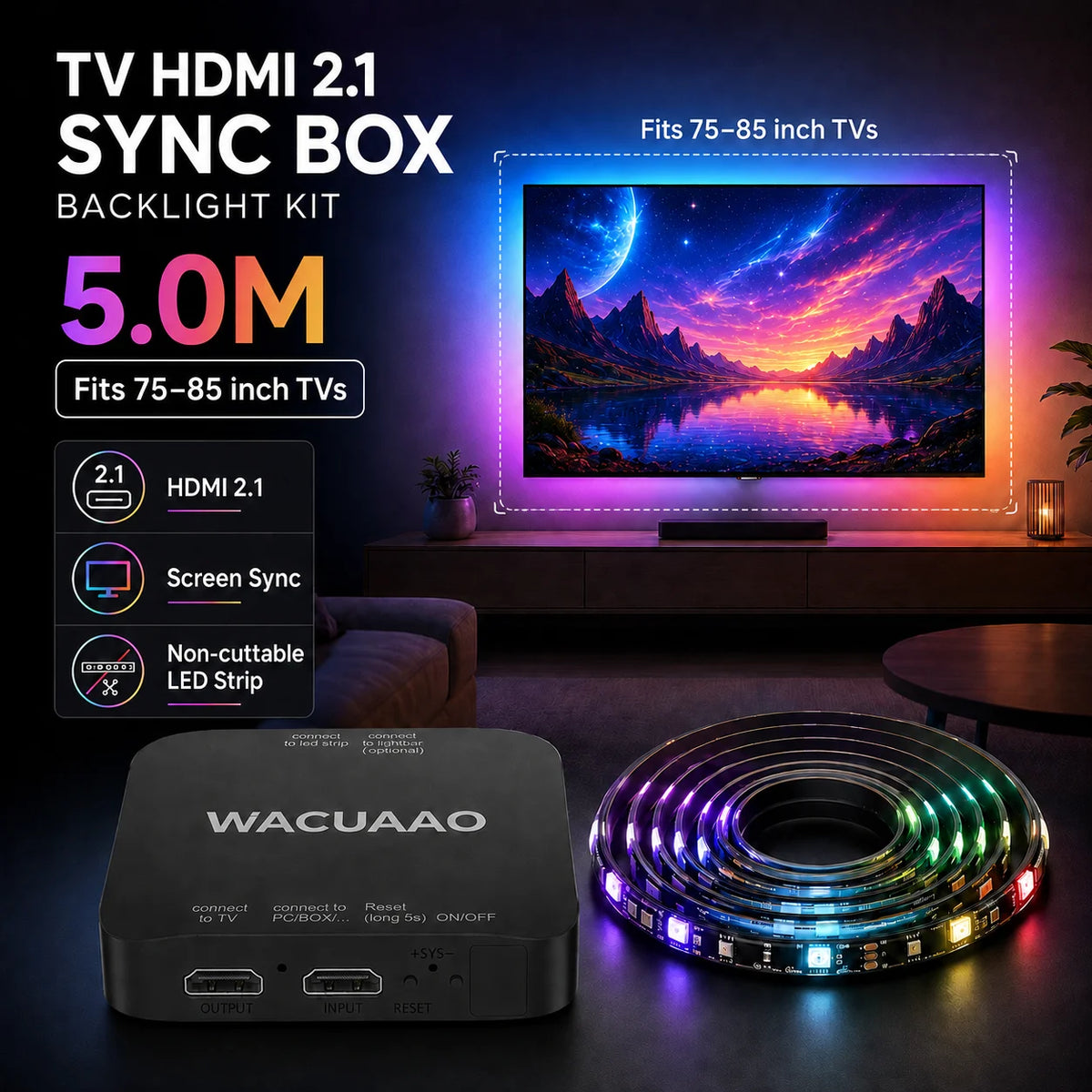 WACUAAO HDMI 2.1 TV Sync Box Backlight Kit for Immersive Home Theater 4K 120Hz RGBIC for 40-85 inch TV PS5 Xbox Dolby Vision