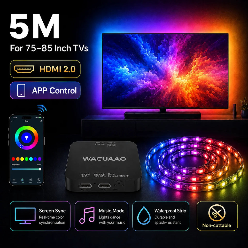 WACUAAO HDMI 2.1 TV Sync Box Backlight Kit for Immersive Home Theater 4K 120Hz RGBIC for 40-85 inch TV PS5 Xbox Dolby Vision