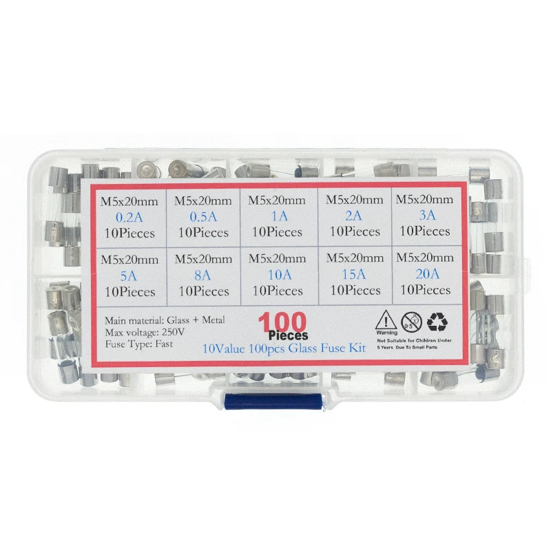 100Pcs/lot 5x20mm Quick Blow Glass Tube Fuse Assorted Kit Fa