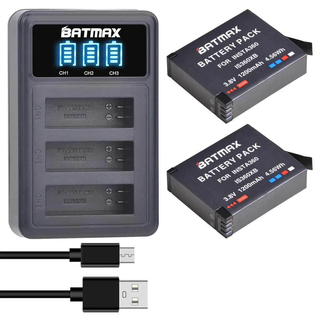 Batmax 1200mAh Insta360 One X Camera Battery IS360XB Replacement Battery + LED USB 3-Slots Charger with Micro USB Charge Port