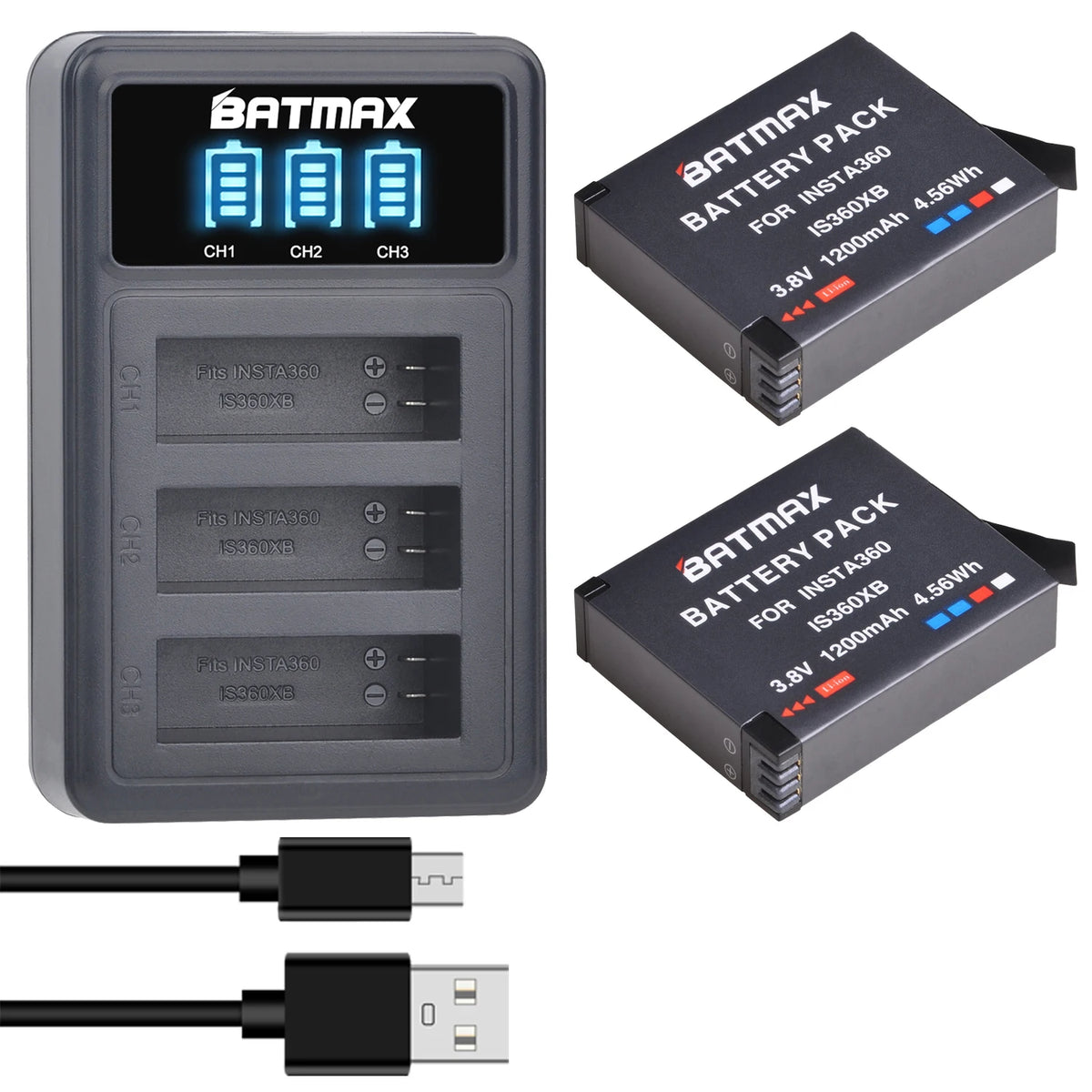 Batmax 1200mAh Insta360 One X Camera Battery IS360XB Replacement Battery + LED USB 3-Slots Charger with Micro USB Charge Port
