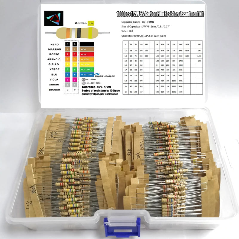 1000Pcs 1/2W 5% 100Values 1-10M Ohm Carbon Film Resistors As