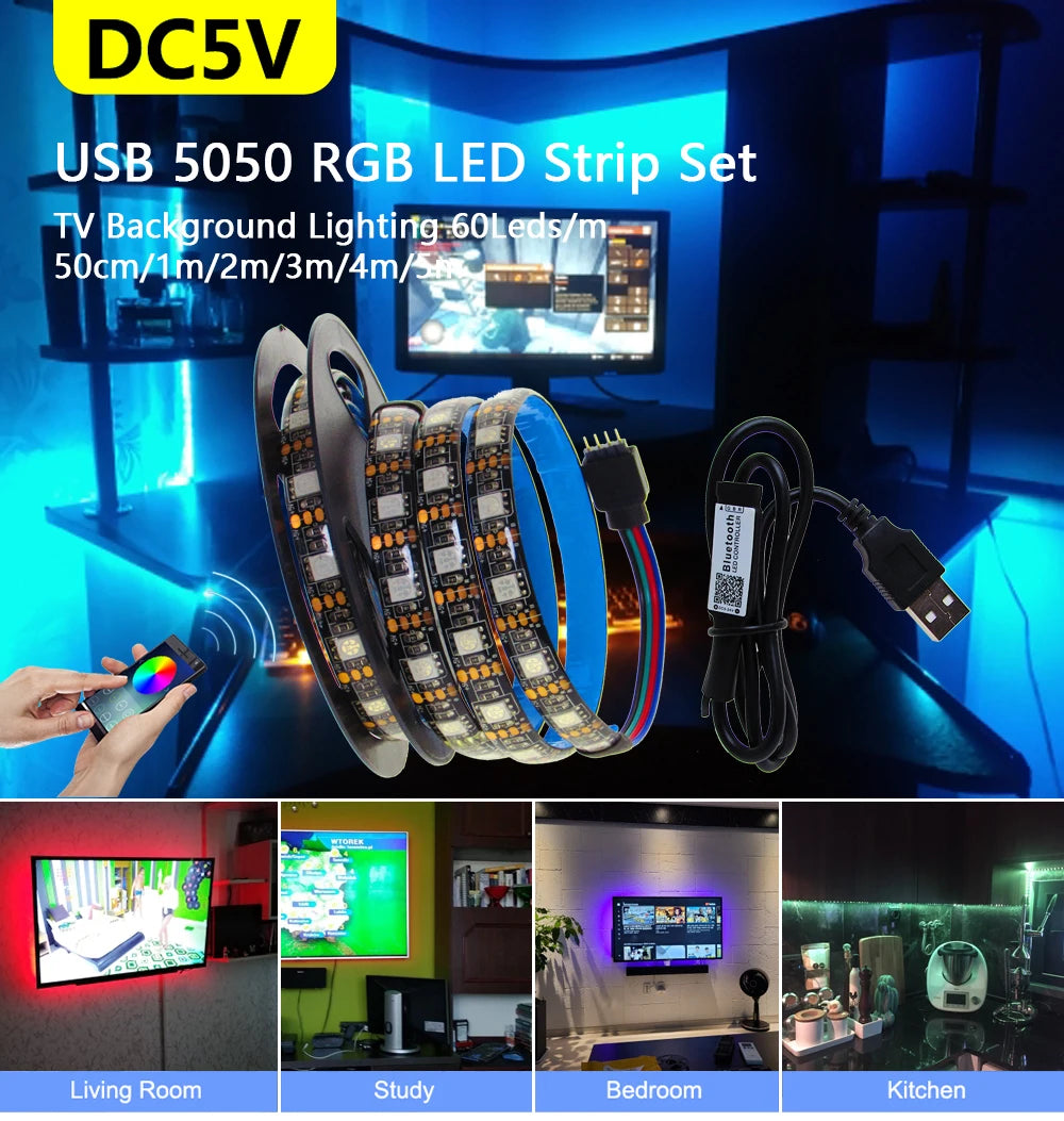 USB LED Strip Light 5 V Volt RGB Waterproof Black PCB 5050 5