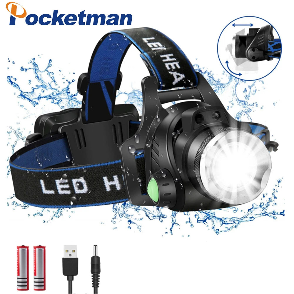 Pocketman Headlamp Upgraded-LED Headlight Zoomable Head Lamp Waterproof Head Torch USB DC Charging Head Light 18650