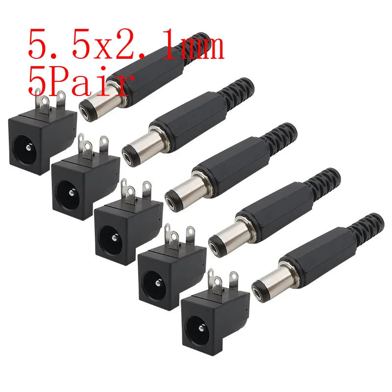 10Pcs 12V 5.5x2.1mm Plugs Jack DC Connectors 5.5 2.1mm DC Power Male Female Socket Nut Panel Mount DC Power Adapter Connector