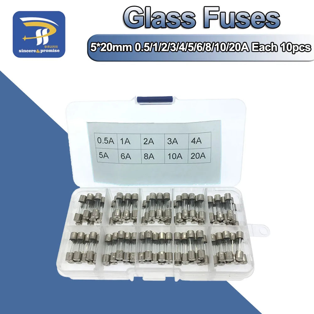 100pcs/Set 5x20mm 5 20mm Glass Fuses 0.5/1/2/3/4/5/6/8/10/20