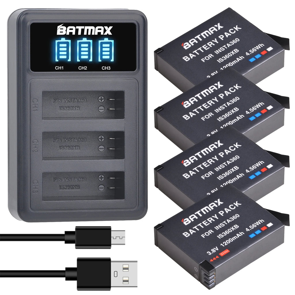 Batmax 1200mAh Insta360 One X Camera Battery IS360XB Replacement Battery + LED USB 3-Slots Charger with Micro USB Charge Port