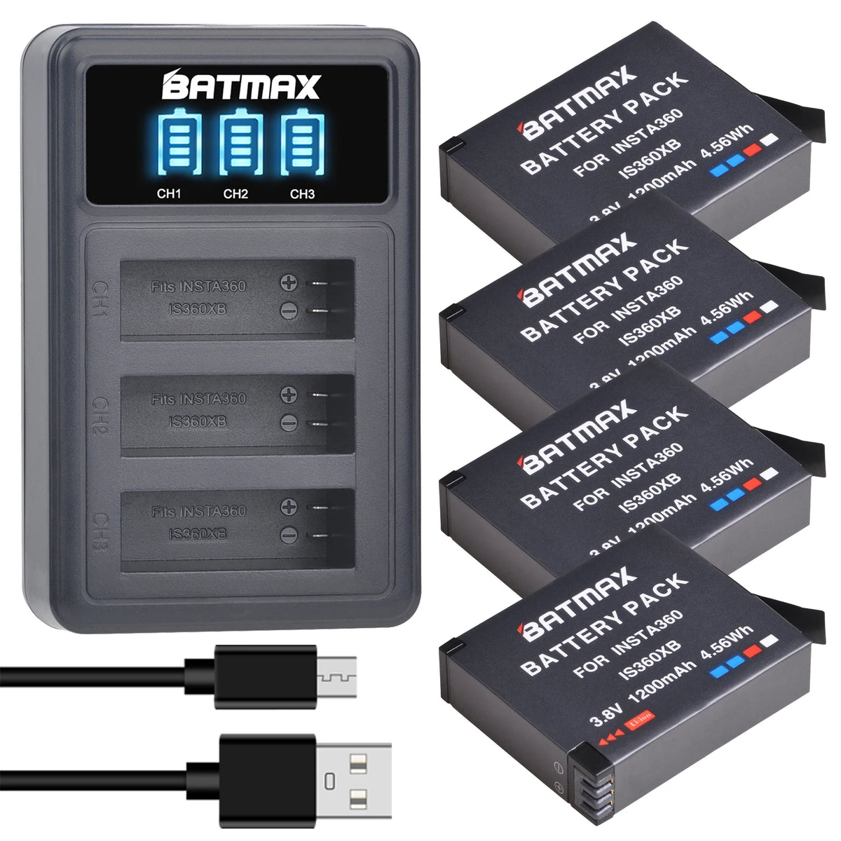 Batmax 1200mAh Insta360 One X Camera Battery IS360XB Replacement Battery + LED USB 3-Slots Charger with Micro USB Charge Port