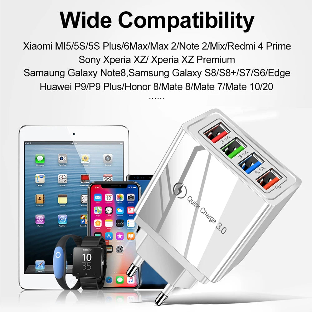 3A USB Charger 4 Port USB Quick Charge 3.0 EU US Plug Mobile