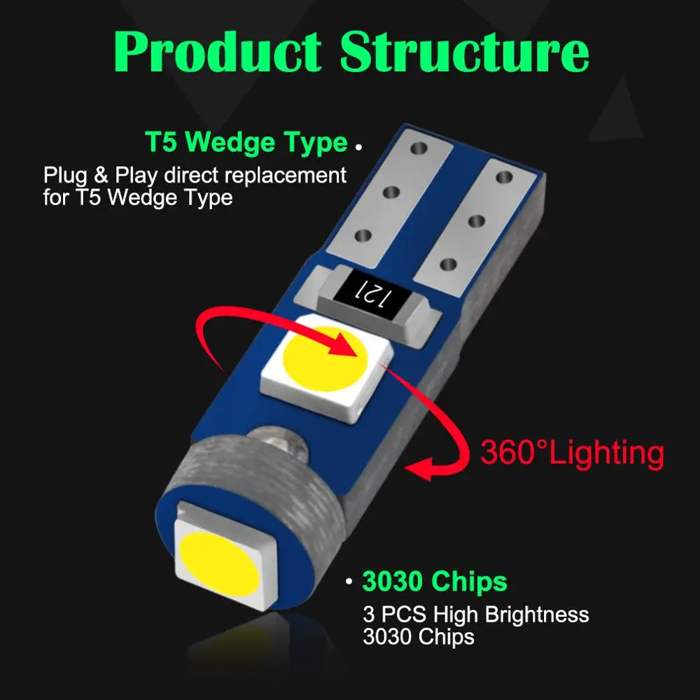 10Pcs T5 Led Bulb W3W W1.2W Led Canbus Car Interior Lights D