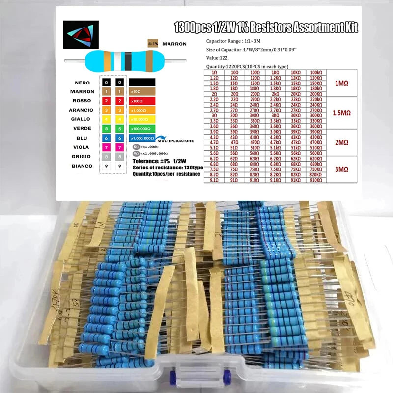 1300PCS 1/2W 0.5W 1% 1R 3M Ohm 130Values Metal Film Resistor