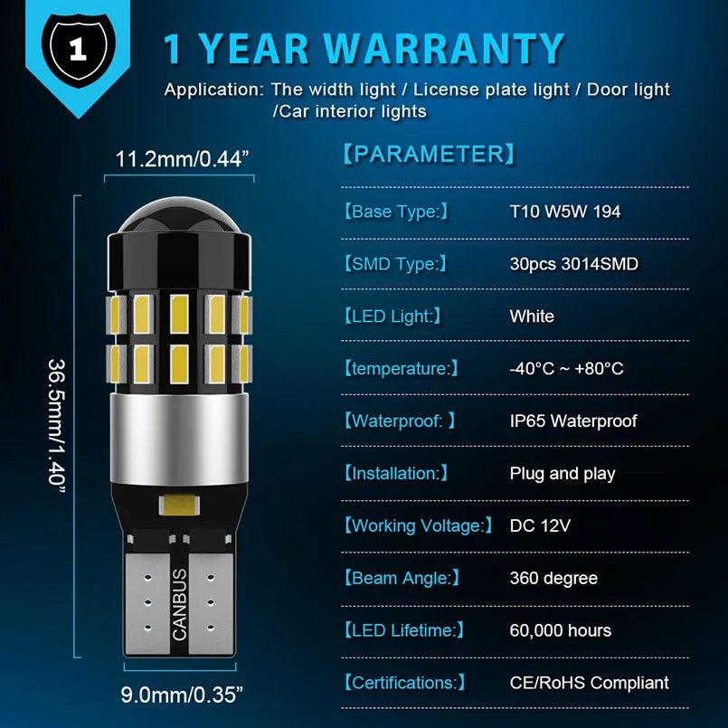 Katur 2pcs T10 W5W Led Canbus Bulbs 194 168 30SMD 3014 White
