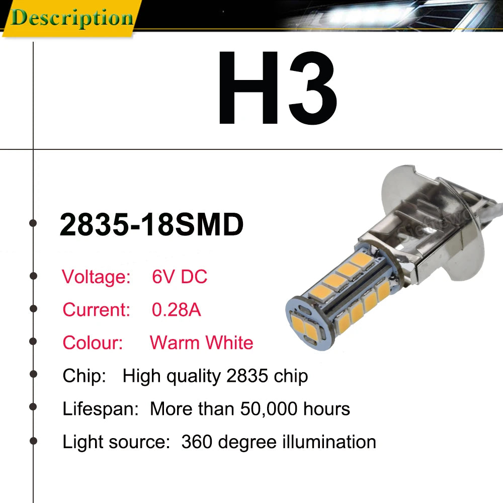 1/2 Pcs H3 LED Bulb Warm White PK22S 2835 18SMD Flashlight S