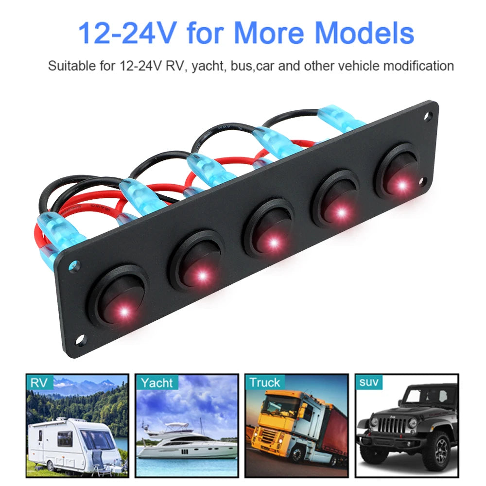 24V 12V 5 Buttons Light Toggle Rocker Switch Panel for Boat 