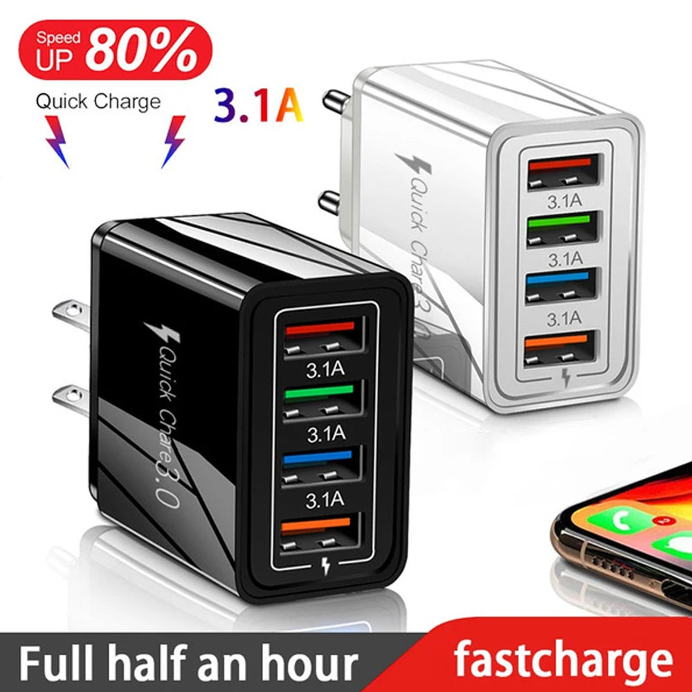 3A USB Charger 4 Port USB Quick Charge 3.0 EU US Plug Mobile