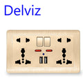 Delviz USB Charging Socket 2.1A Dual USB Port AC 110-250V 13A Wall-mounted Multi-functional USB Power Universal 5 Hole Outlet