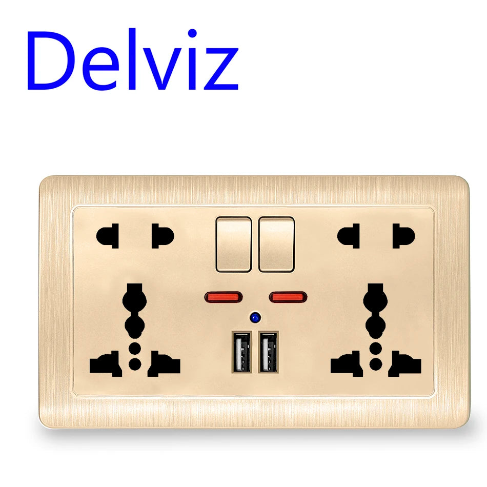 Delviz USB Charging Socket 2.1A Dual USB Port AC 110-250V 13A Wall-mounted Multi-functional USB Power Universal 5 Hole Outlet
