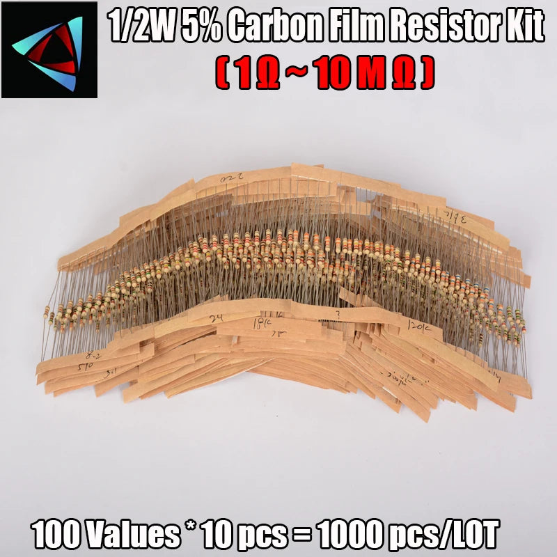 1000Pcs 1/2W 5% 100Values 1-10M Ohm Carbon Film Resistors As