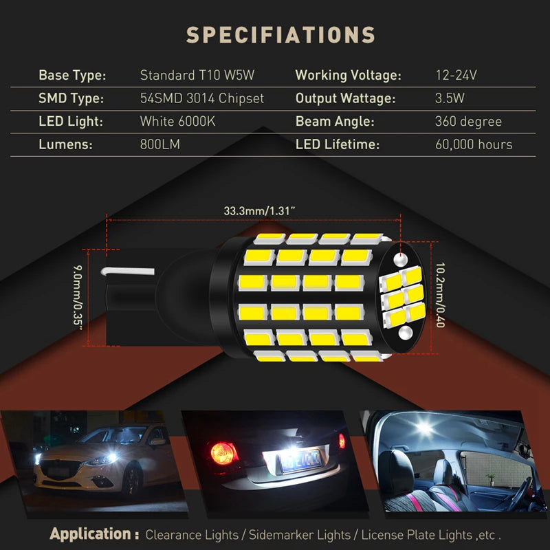 2pcs Signal Lamp T10 W5W Led Canbus bulbs Super Bright 54SMD