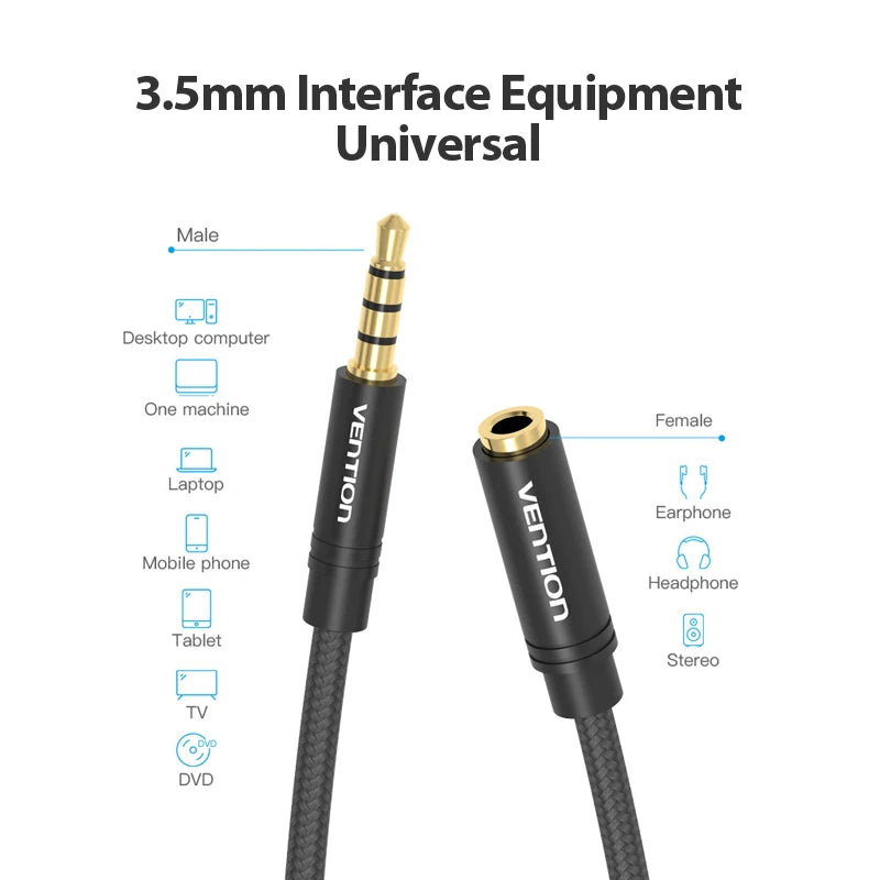 Vention Jack 3.5 Aux Extension Cable for Car Laptop Mini PC 