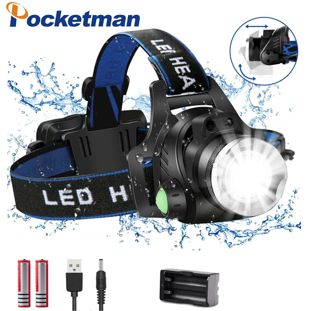 Pocketman Headlamp Upgraded-LED Headlight Zoomable Head Lamp Waterproof Head Torch USB DC Charging Head Light 18650