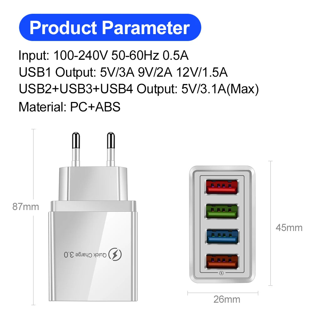 3A USB Charger 4 Port USB Quick Charge 3.0 EU US Plug Mobile