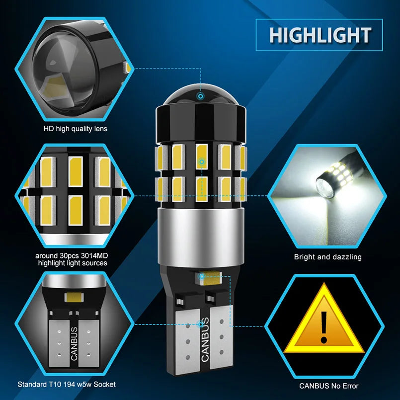 Katur 2pcs T10 W5W Led Canbus Bulbs 194 168 30SMD 3014 White