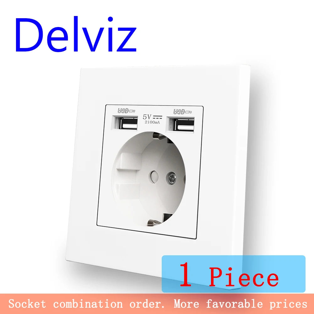 Delviz Dual USB Charging Outlet AC 110 250V Power Jack White PC Material Panel 2A USB Interface 16A EU Standard Wall Socket