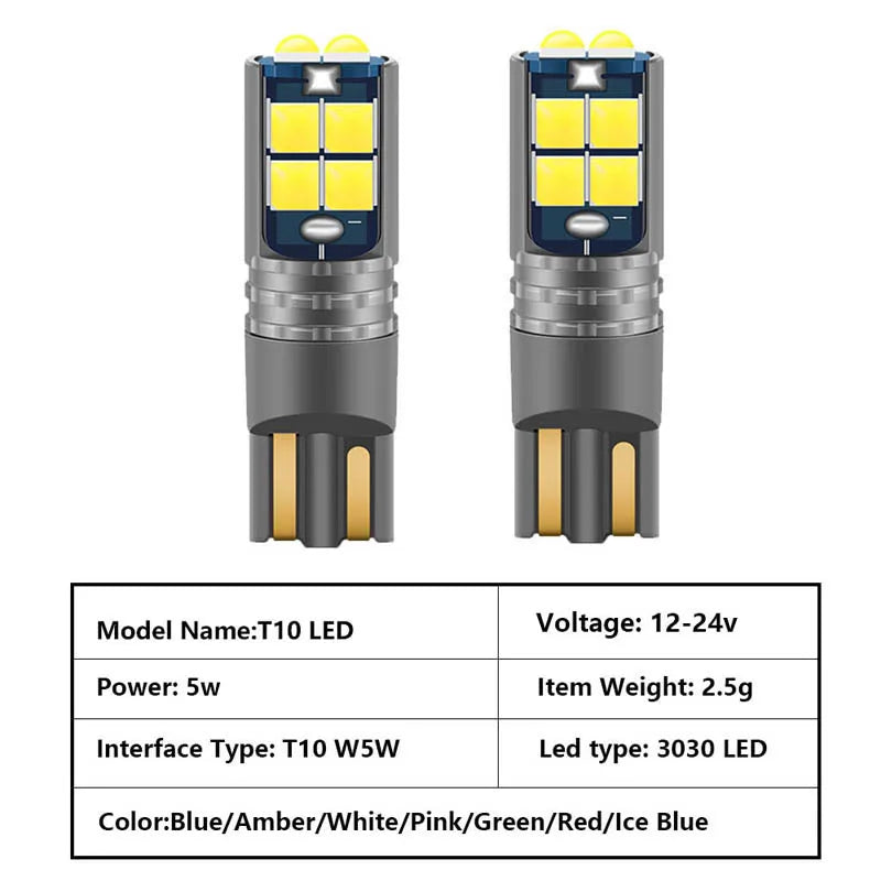 2PCS CANBUS 12-24V W5W T10 LED 3030 LED 10SMD Car Interior R