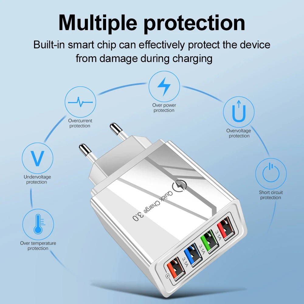 3A USB Charger 4 Port USB Quick Charge 3.0 EU US Plug Mobile