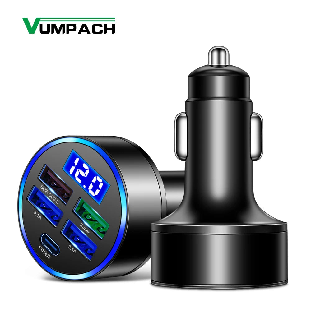 250W LED Car Charger 5 Ports Fast Charge PD QC3.0 USB C Car 
