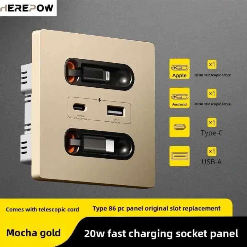 20W USB Type-C Fast Charging Socket USB C Port Multifunctional Universal Smart Wall Adapter With Dual Expandable Charging Cables