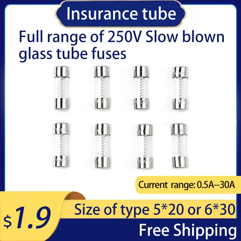 10PCS 5x20/6X30mm Slow Blow Glass Tube Fuse Multiple Current