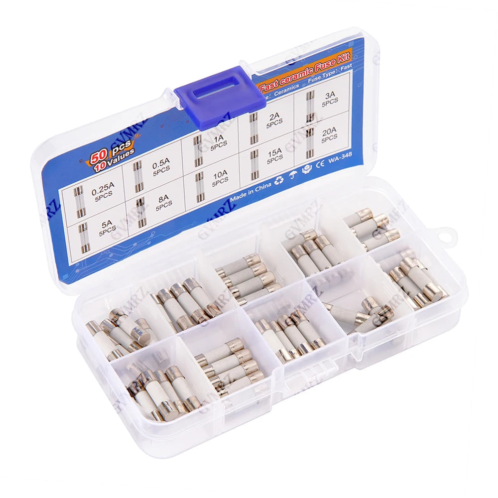 50pcs 5x20mm 0.25A-20A Ceramic Tube Fuse Assorted Kit Amp 0.