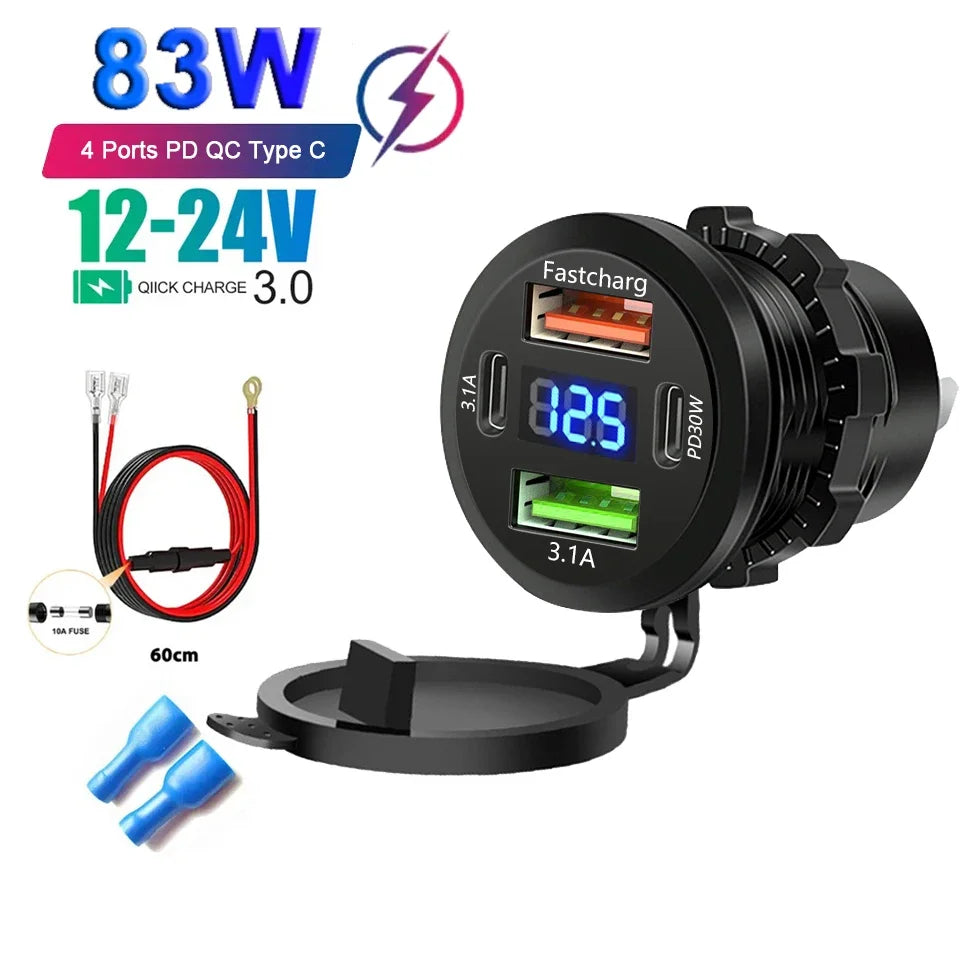 New Car USB Charger PD3.0 & QC3.0 Fast Charging Socket with Voltmeter On/Off Switch 12/24V For Motorcycle Boat Auto Accessories