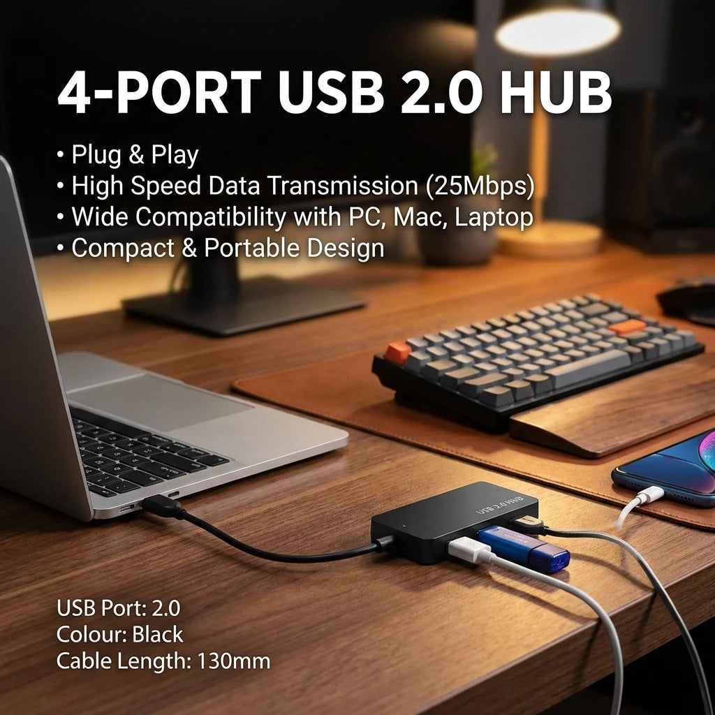 High-Speed USB 2.0 Hub 4-Port Data Cable Splitter Adapter Mu