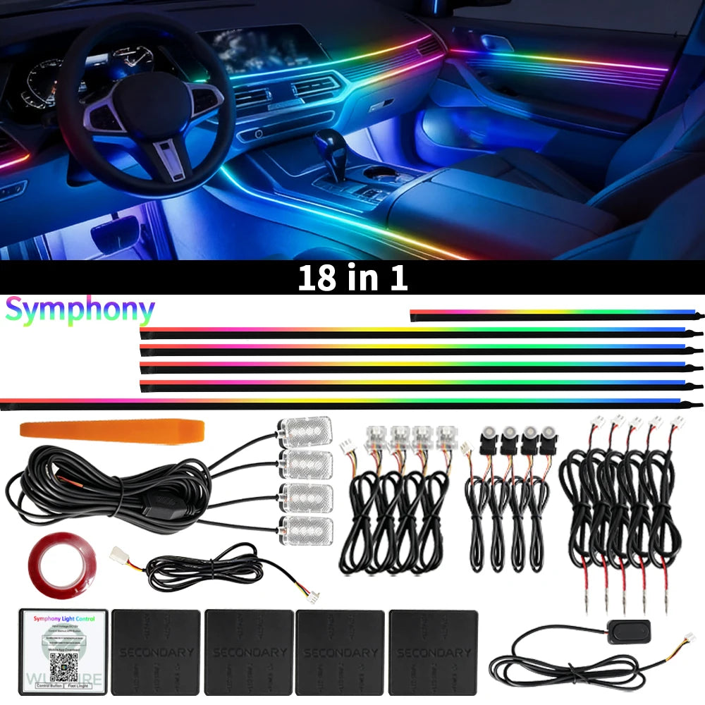 Symphony Ambient Lights Car RGB App Control LED Interior Hidden Acrylic Strip Light Full Color Streamer Auto Atmosphere Lamp Kit