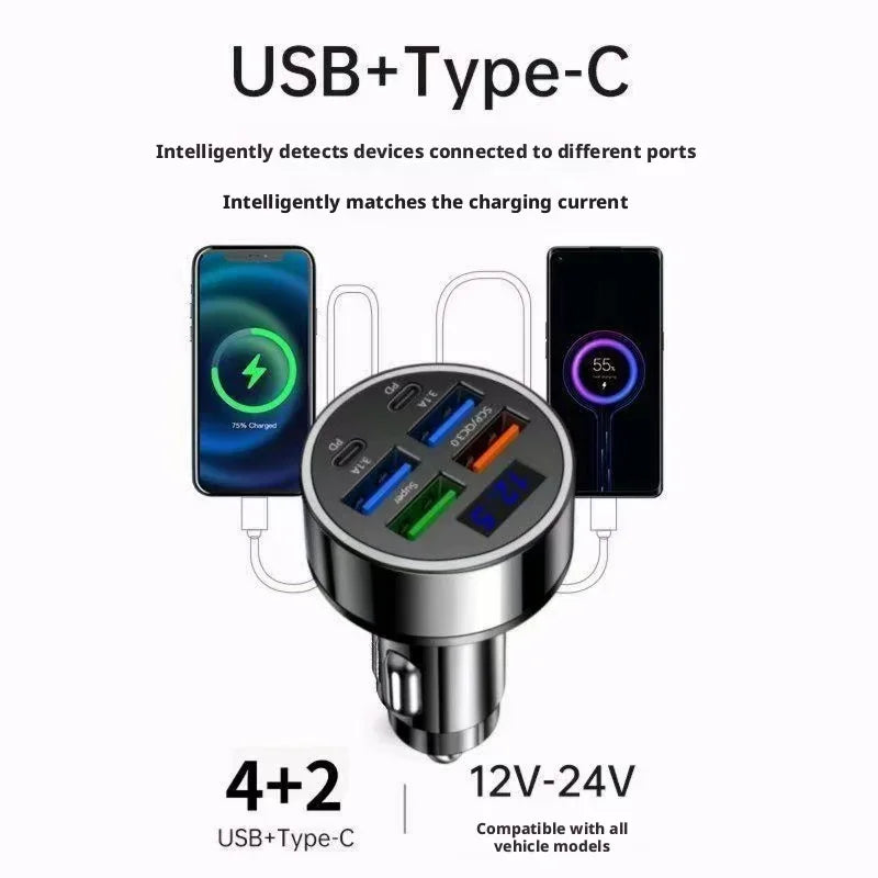 6 in 1 Multi Port Car Charger Super Fast Charging PD QC3.0 U