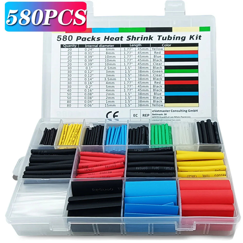 1160/580/164PCS Heat Shrink Tubing Kit Wire Shrinking Wrap Connect Cover Cable Sleeves Repair Protection with Hot Air Gun