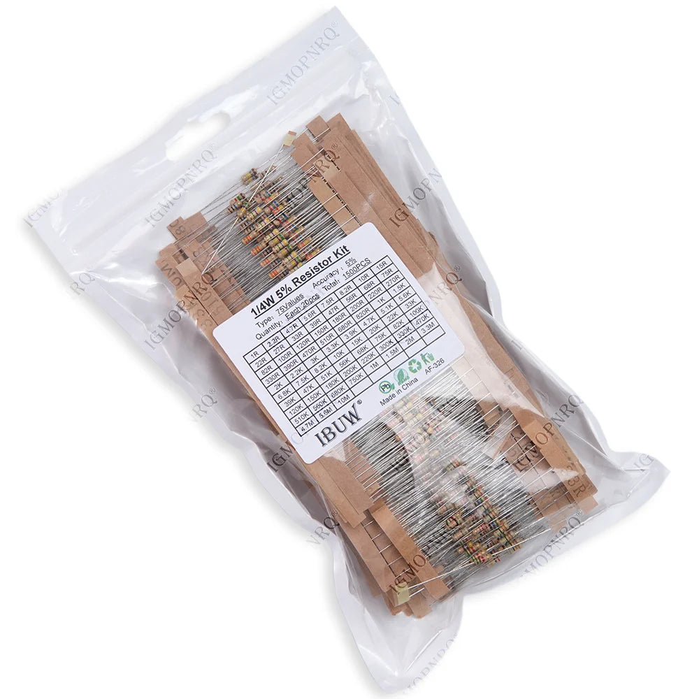 1500PCS 1/4W Carbon Film Resistors Assorted kit 75Values (1 
