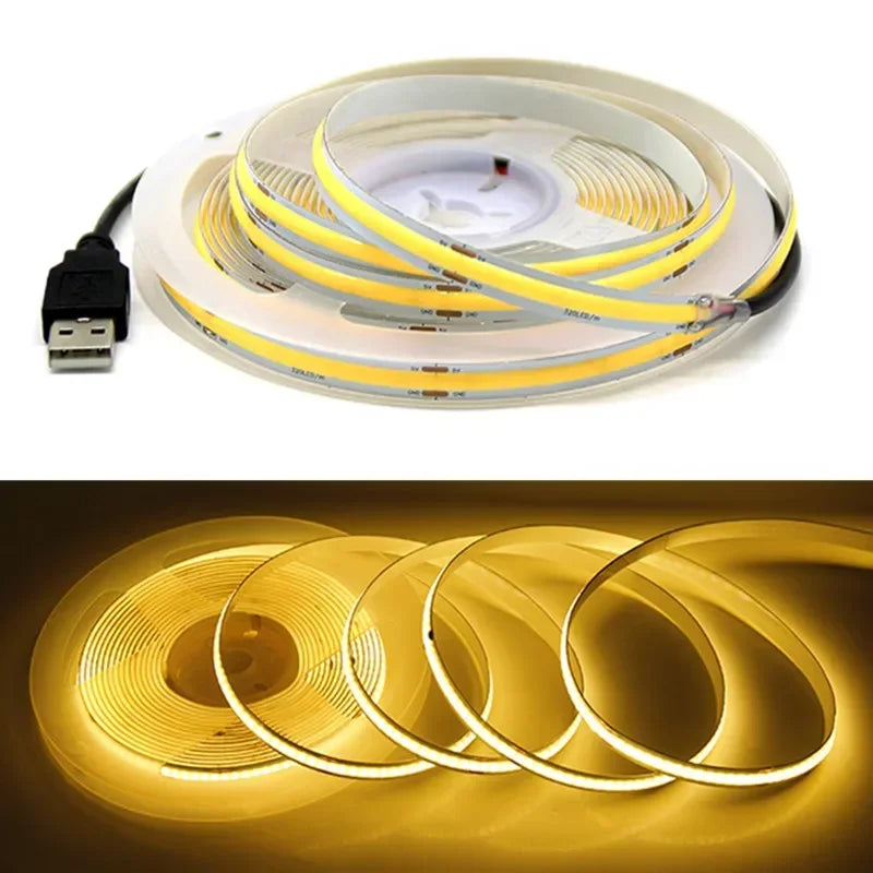 5V USB COB Lamp Strip 320LEDs/M White/Red/Pink/Ice Blue/Yellow Cabinet Light Lamp TV Backlight Flexible Ribbon Rope LED Strip