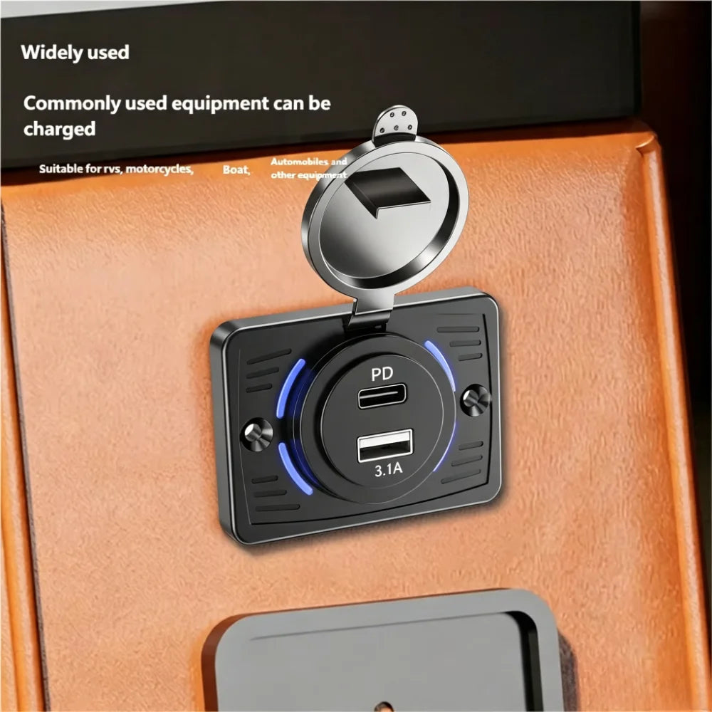 12V-24V PD+USB Car Charger Socket 45W Fast Charge Blue LED I